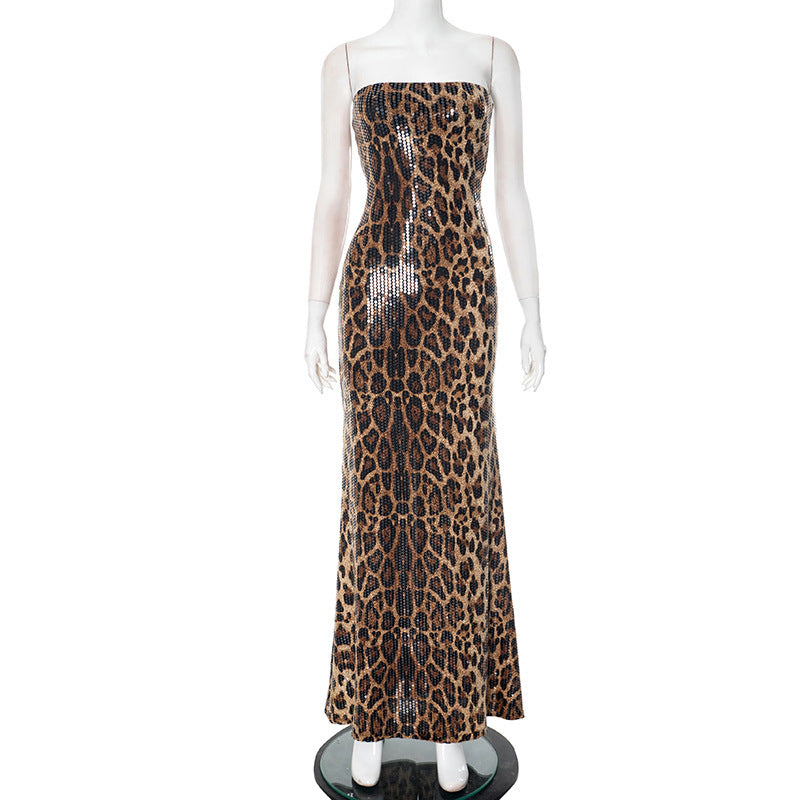 European And American Contrast Color Leopard Print Sexy Tube Top Dress Women