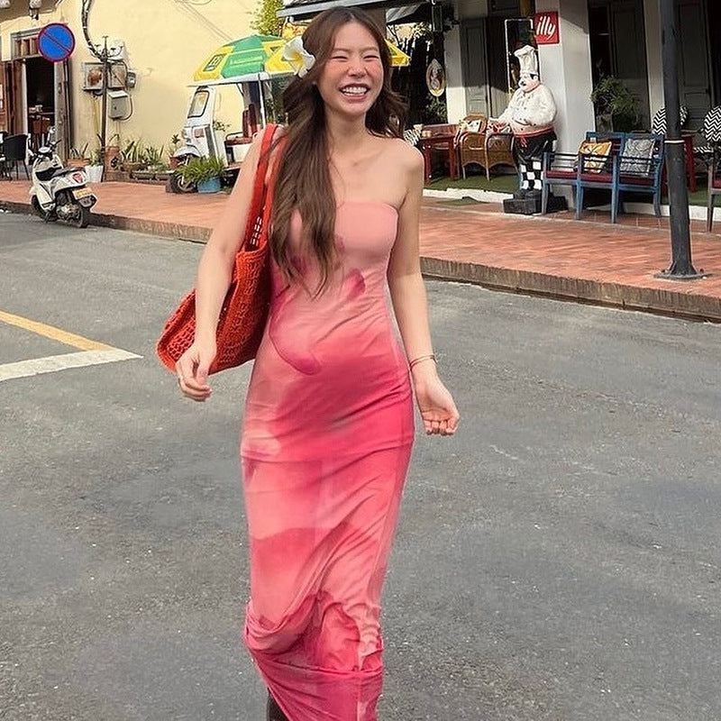Contrast Color Tube Top Printing Dress