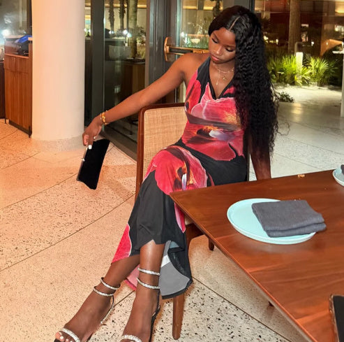 Halter Floral Mesh Backless Maxi Dress