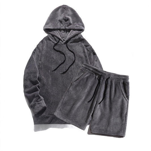 Hooded Men's Fleece Sweatshirt And Shorts Set