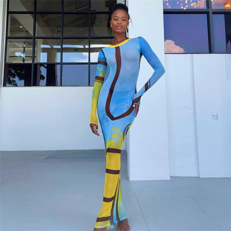 Mesh Stripe Print Perspective Slim Fit Wrap Hip Dress