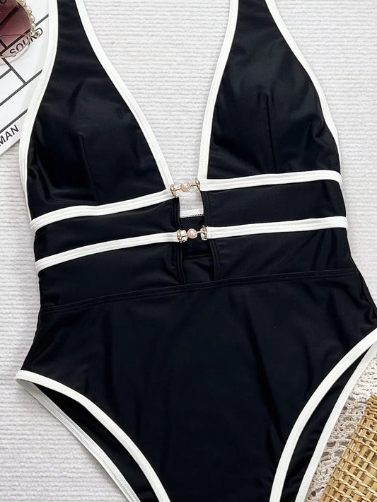 Sexy Bikini Suspender Deep V Black And White Cross Thin Swimsuit