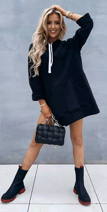 Women's Solid Color Hooded Mid-length Sweater