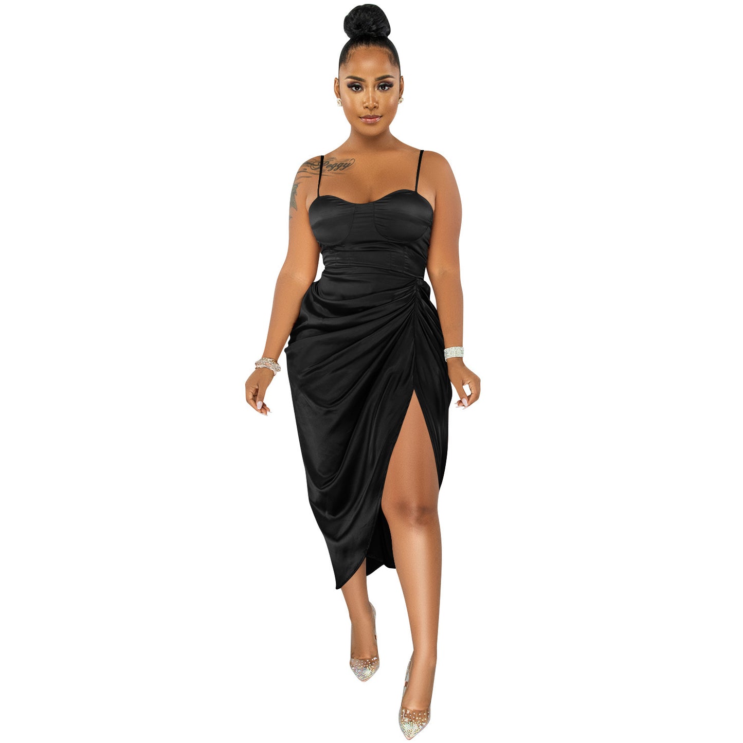 Fashion Solid Color Women's Sling Wrap Chest Ruched Slit Dress