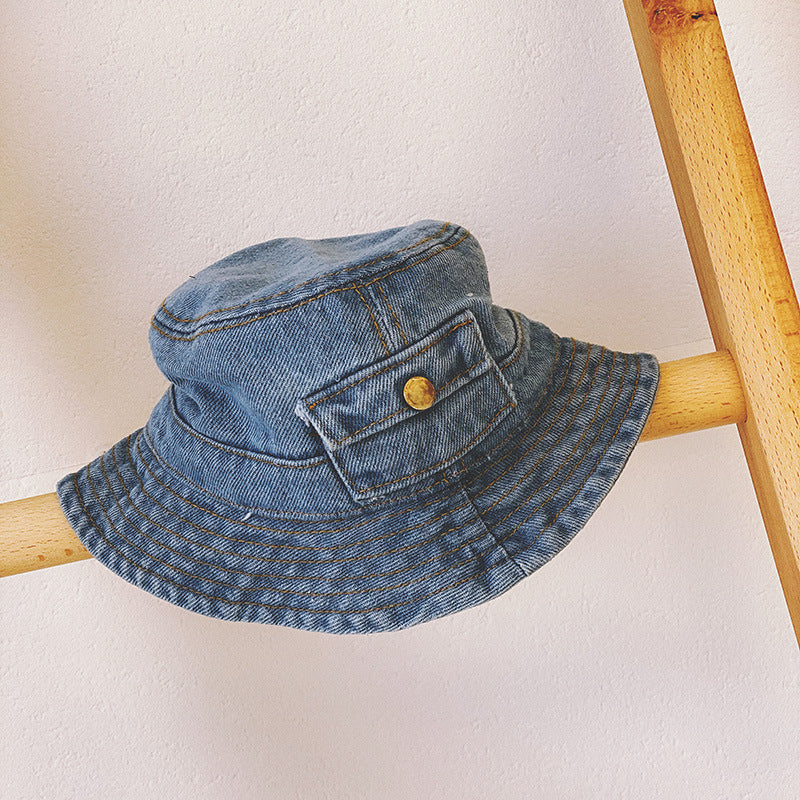 Children's Spring And Autumn Pocket Design Denim Pot Hat