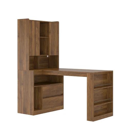 L Shaped Desk,Computer Desk With Drawers, Bookshelf, with LED Light, Modern Corner Desk by GJG Denim