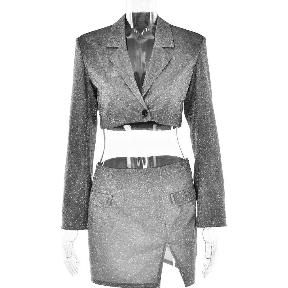 V-neck Long Sleeve Shiny Top Skirt Two-piece Suit