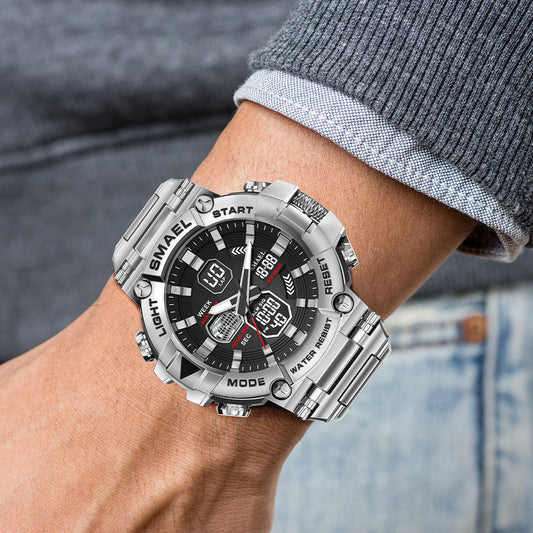 Men's Luminous Stainless Steel Alloy Double Display Electronic Watch
