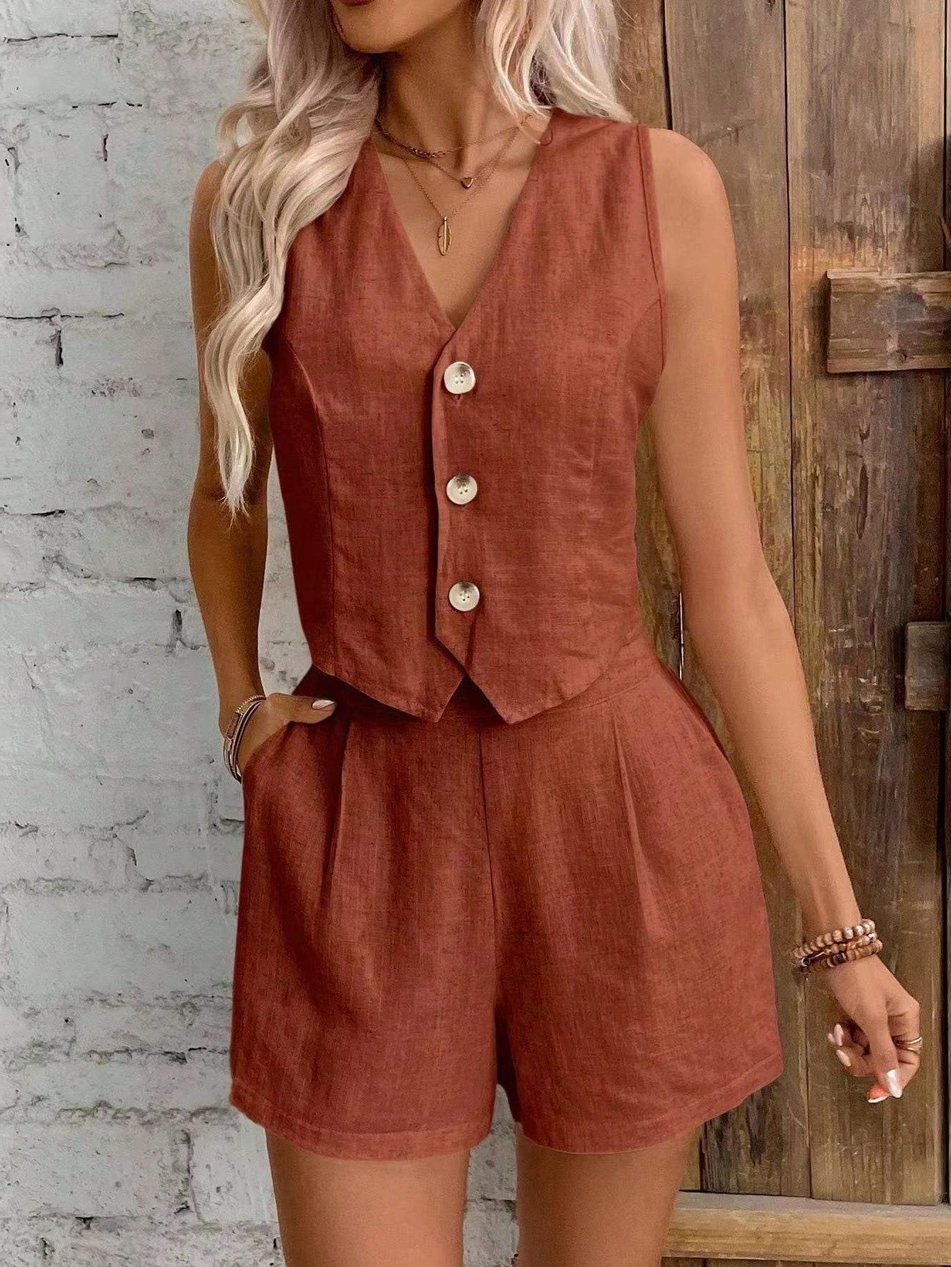 Leisure Commute Front Button Vest And Shorts Suit