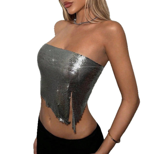 Women's Metal Sequins Top Lace-up Tube Top Sling by GJG Denim