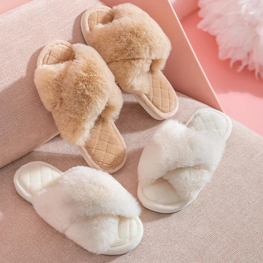 Cross-strap Furry Slippers Warm House Shoes For Women Winter Casual Flip Flops Fluffy Shoes Slides Soft Plush Home Indoor Slippers by GJG Denim
