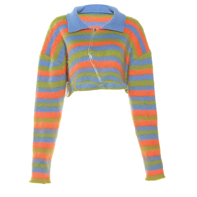 Stripe Sweater Crop Top Matching Long Skirt Split
