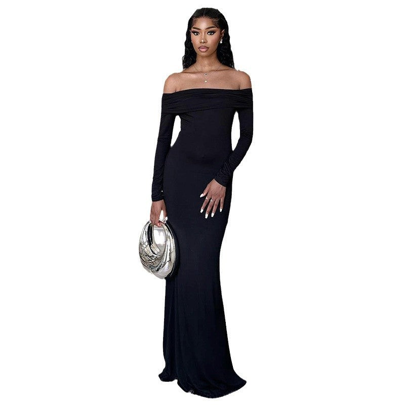Black Off-shoulder Long Sleeve Sheath Fishtail Dress