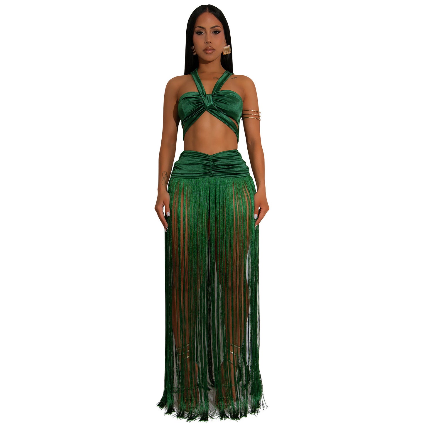 Sexy Shoulder Strap Top Tassel Skirt Two-piece Set