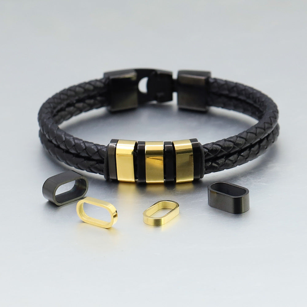 Black Leather Braided Stainless Steel Bead Bracelet For Men