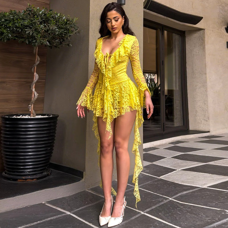 Lace-up Deep V Micro-cut Sleeve Tight-fitting Cinched Lace Dress