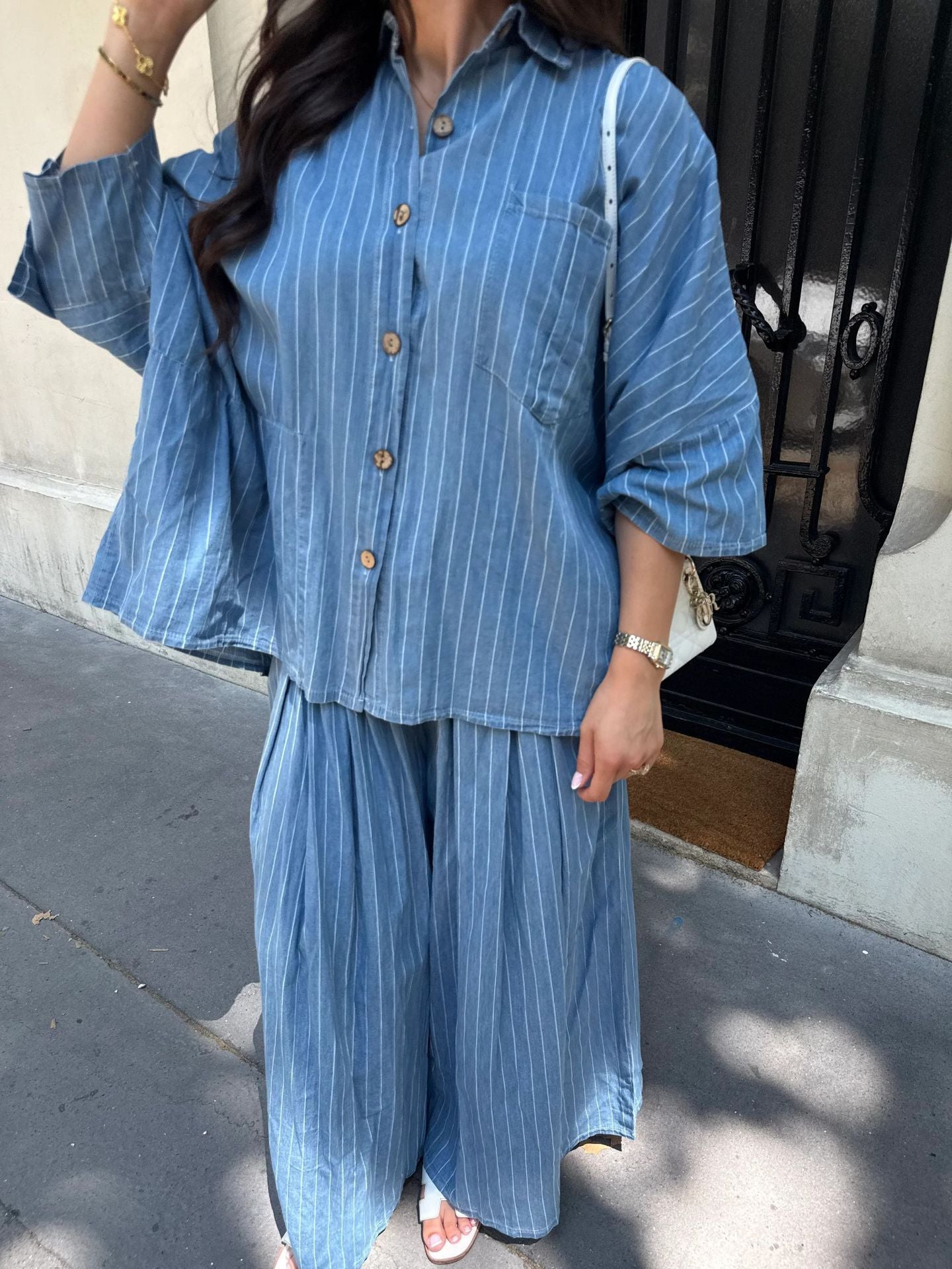 Casual Striped Shirt Wide Leg Pants Suit