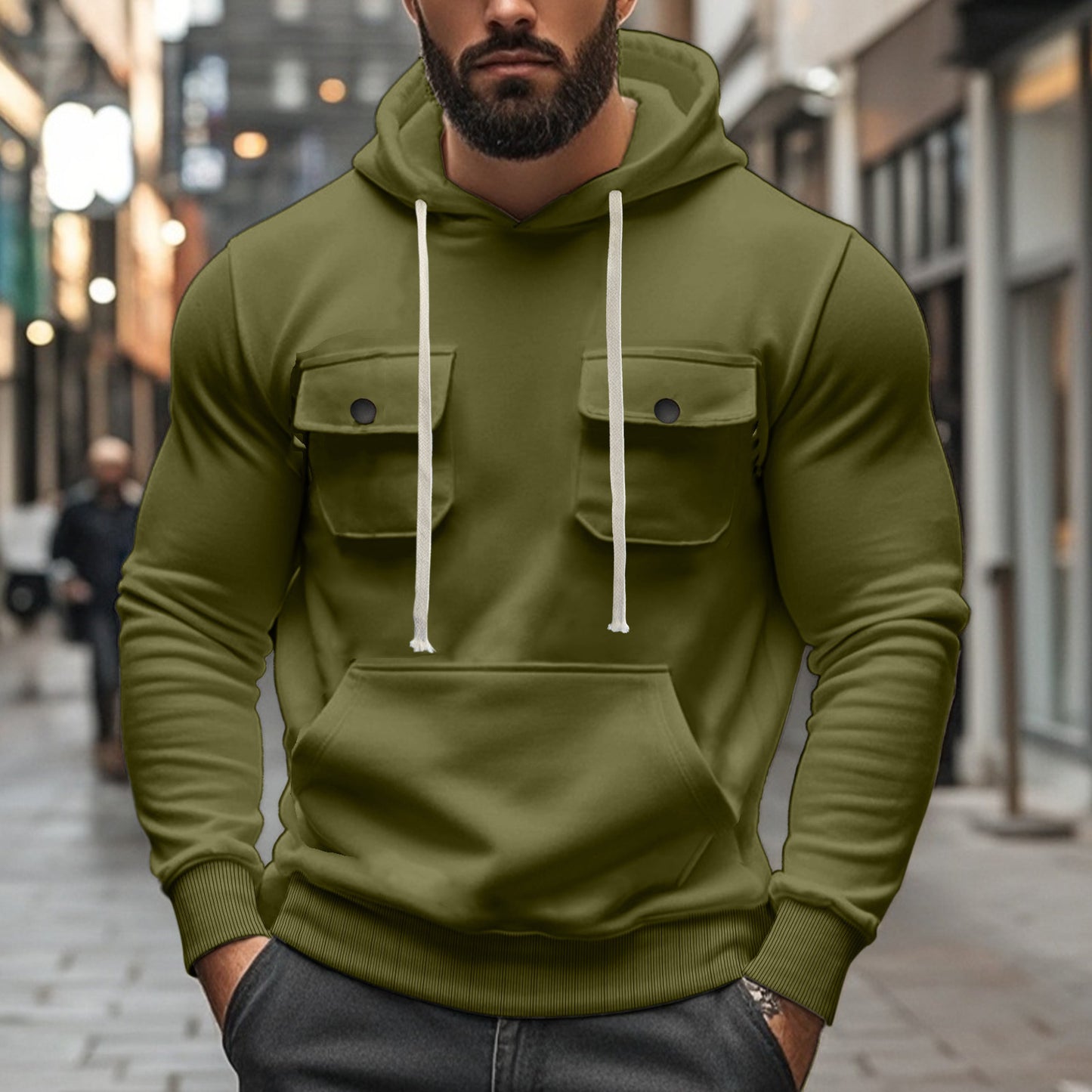 Men's Multi-pocket Long Sleeve Solid Color Hoodies