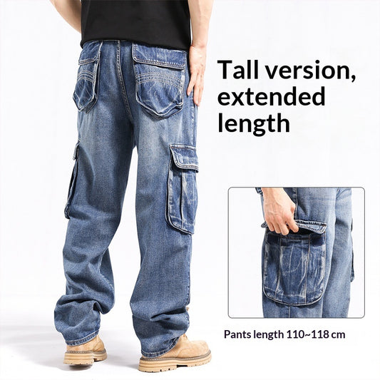 Tall Plus-size Stylish Wide-leg Jeans With Multiple Pockets For Men