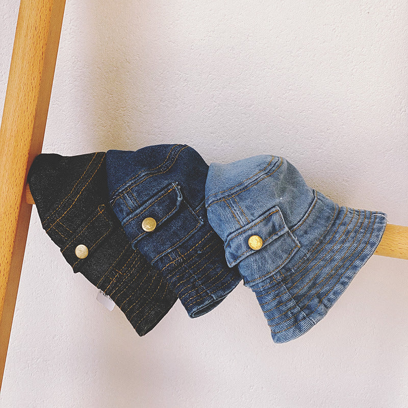 Children's Spring And Autumn Pocket Design Denim Pot Hat