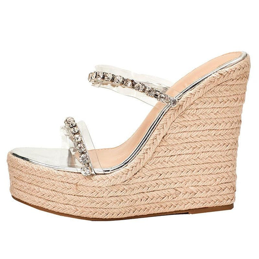 Women's Rhinestone Strap Hemp Muffin Platform Wedge Sandals by GJG Denim