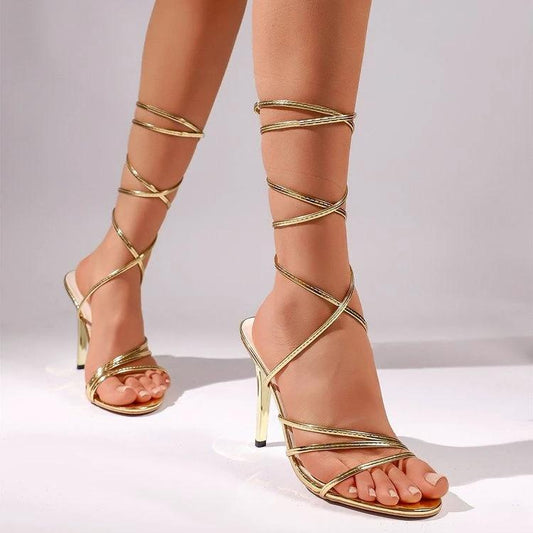 Women's Summer Stiletto Heel Roman Sandals, All-match Wrap-around Strap Roman Sandals by GJG Denim