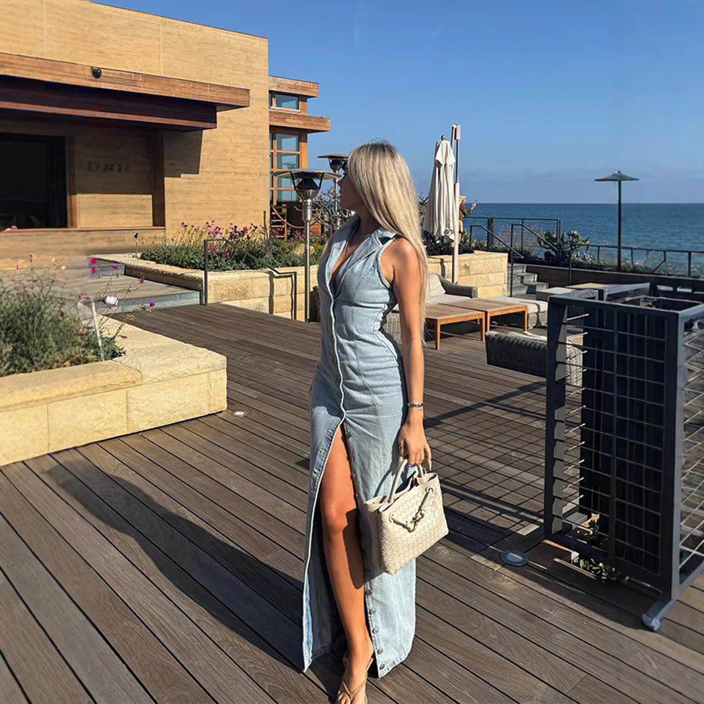 Light Blue Sexy Button Denim Dress