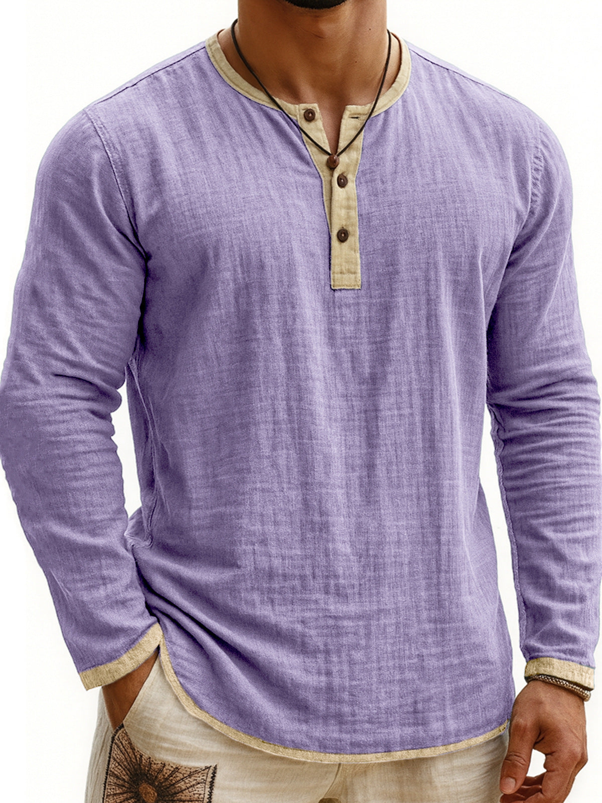 Men's Two-tone Henley Shirt 3-button Casual Long Sleeve Shirt