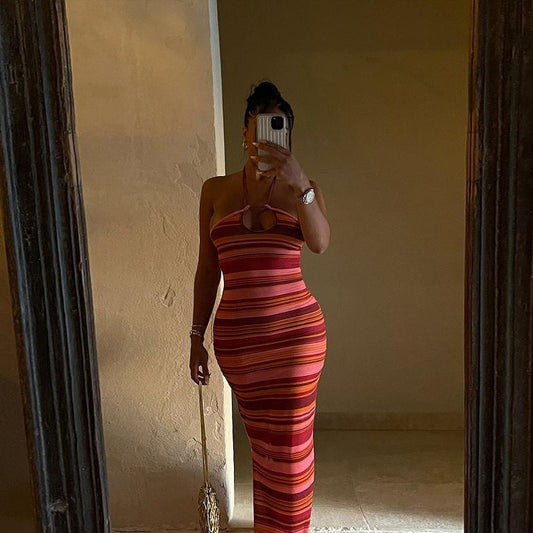 Striped Contrast Long Dress Sexy Halter Strap Backless Wrap Chest Slit Dress