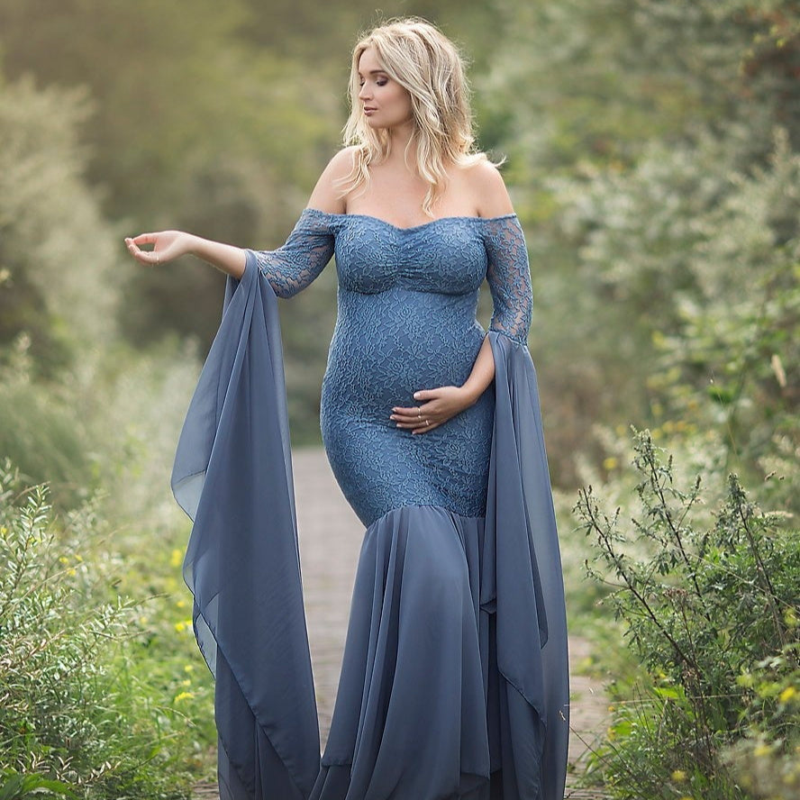 Lace Stitching Super Long Sleeve Maternity Dress