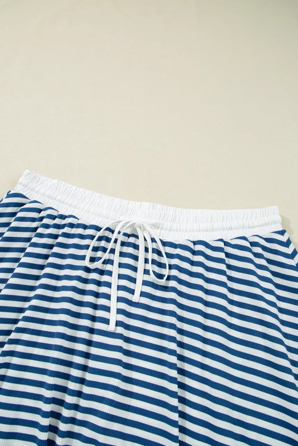 Blue Stripe Short Sleeve Collared V Neck Top Plus Size Short Set