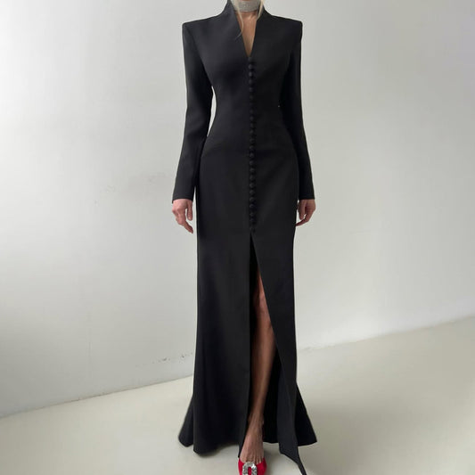 V-neck Long Sleeve High Waist Slit French Dress