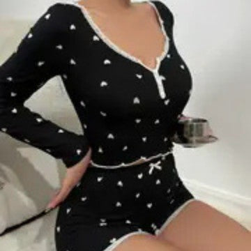 Women's Pajamas Long Sleeve Top And Shorts With A Heart Pattern by GJG Denim