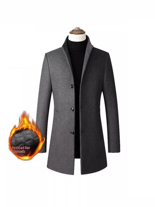 Single-breasted Stand Collar Cotton Padded Men's Woolen Trench Coat by GJG Denim