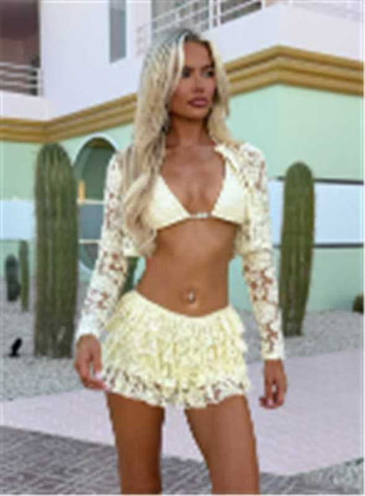 New Lace Mesh Coat Chest Cup Skirt Fashion Casual Three-piece Suit Women