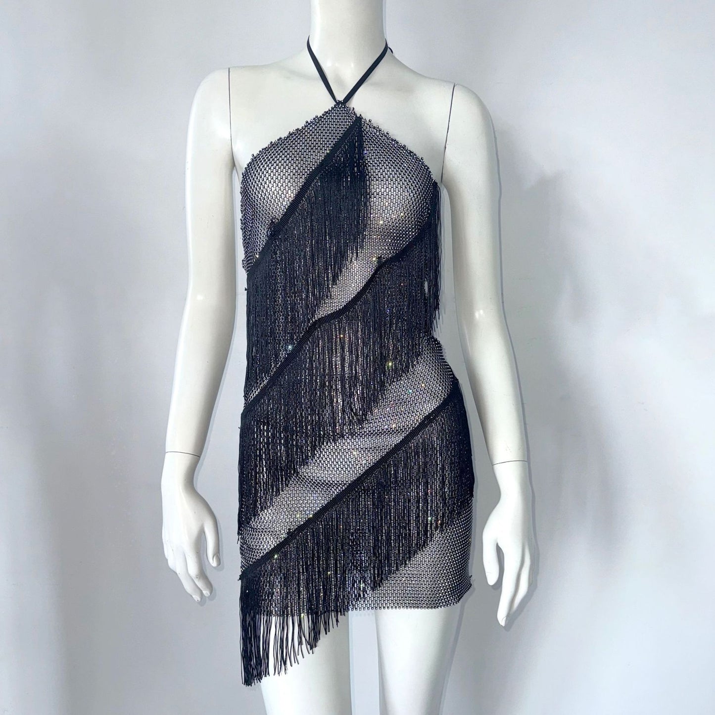 Fishnet Rhinestone Tight Tassel Halter Suspender Skirt