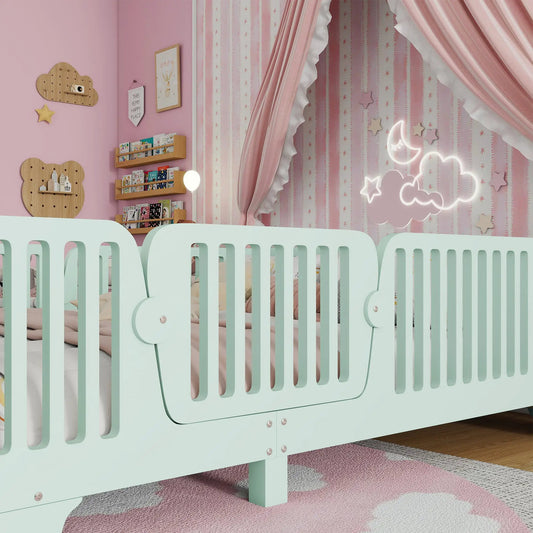 Full Floor Bed With Slats And Fence, Full Size Montessori Floor Beds With Door, No Box Spring Needed, Mint Green by GJG Denim