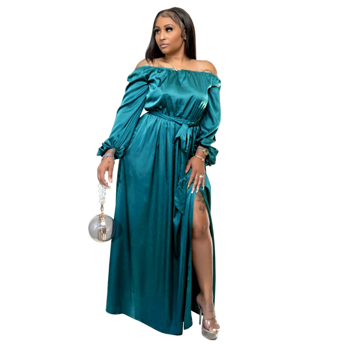Off-shoulder Lace-up Lantern Sleeve Dress
