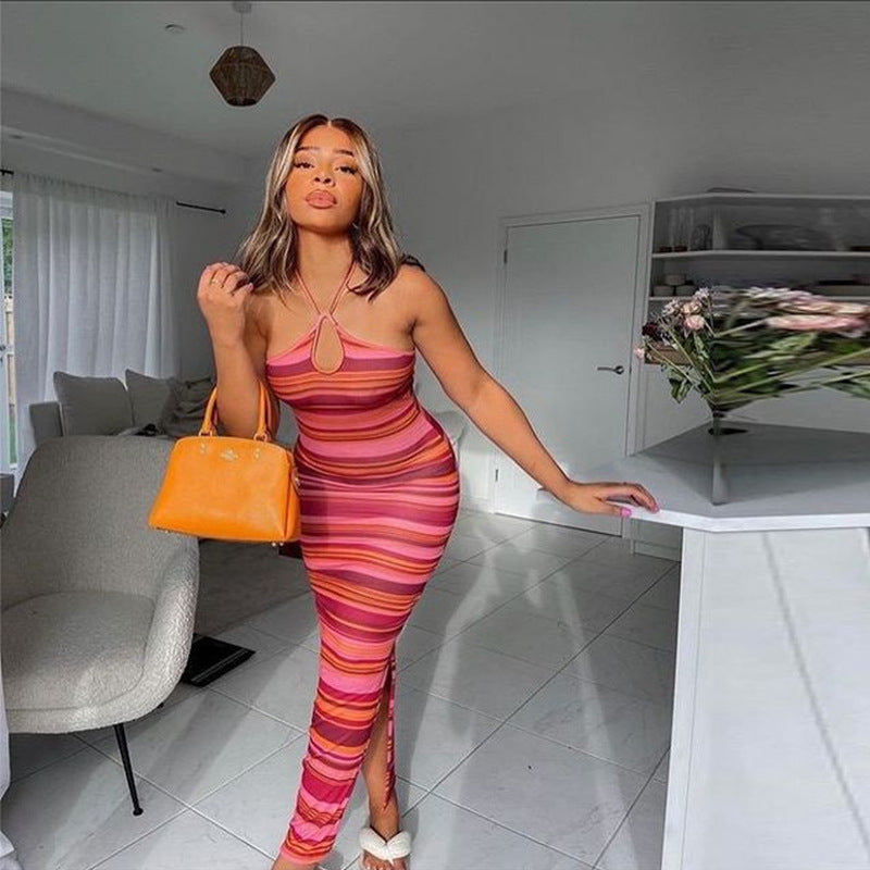 Striped Contrast Long Dress Sexy Halter Strap Backless Wrap Chest Slit Dress