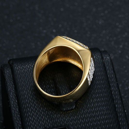 Titanium Steel Vacuum Plating Rhinestone Square "BOSS" Letter Men's Ring by GJG Denim