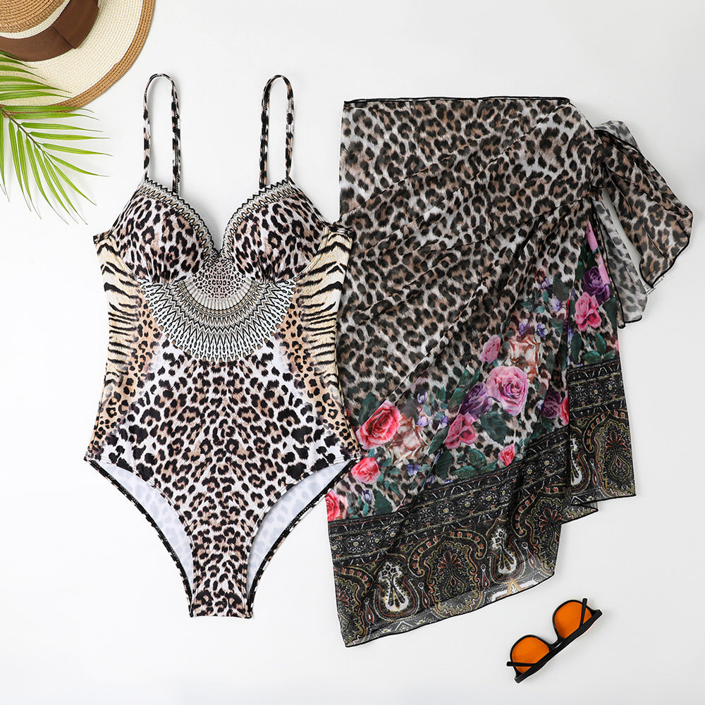 Leopard Print Casual One-piece Swimsuit Mesh Long Cover up