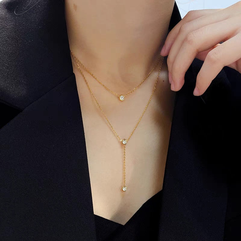 Single rhinestone Zircon Tassel Titanium Steel Necklace For Women