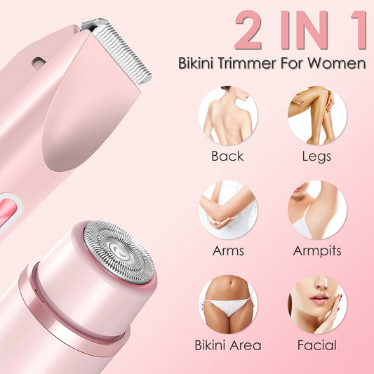 1Pc 2 In 1 Bikini Trimmer For Women Dual Head Cordless Body Shaver IPX7 Waterproof Rechargeable Pubic Hair Razor Wet And Dry Use For Bikini Underarm Leg Arm Body Face
