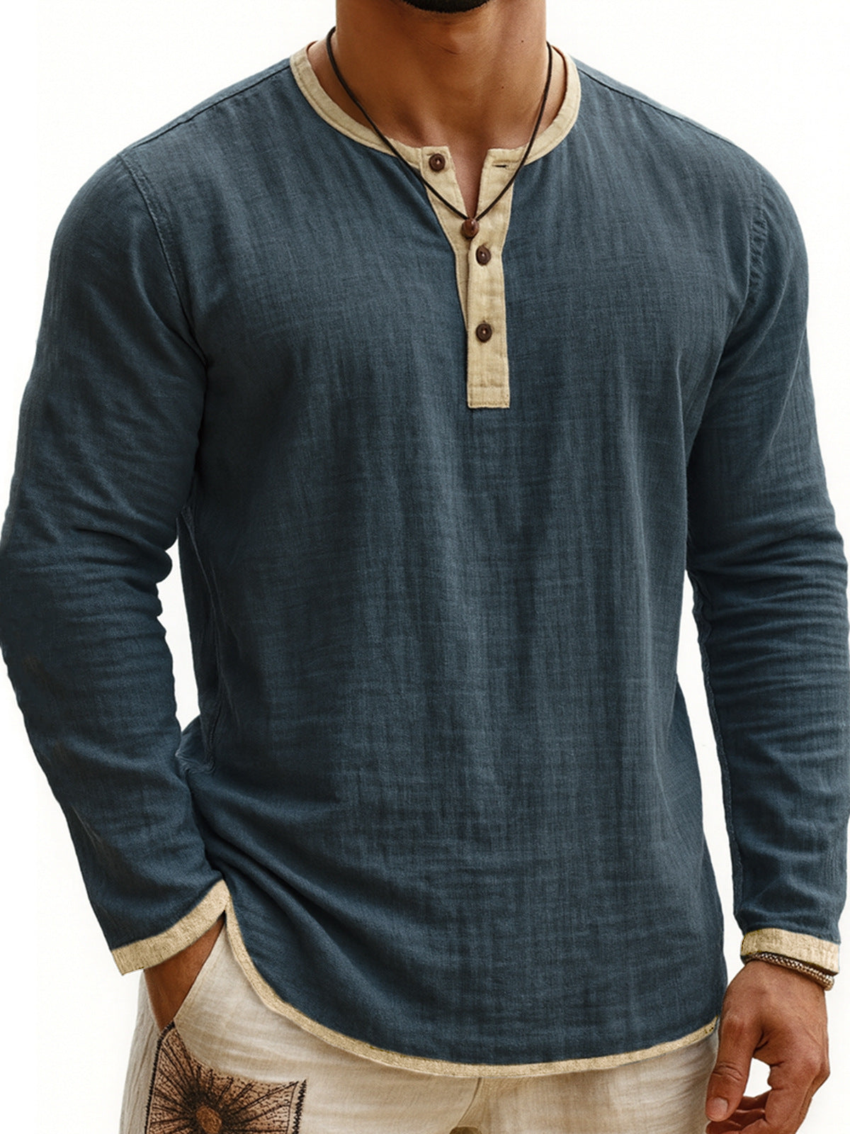 Men's Two-tone Henley Shirt 3-button Casual Long Sleeve Shirt