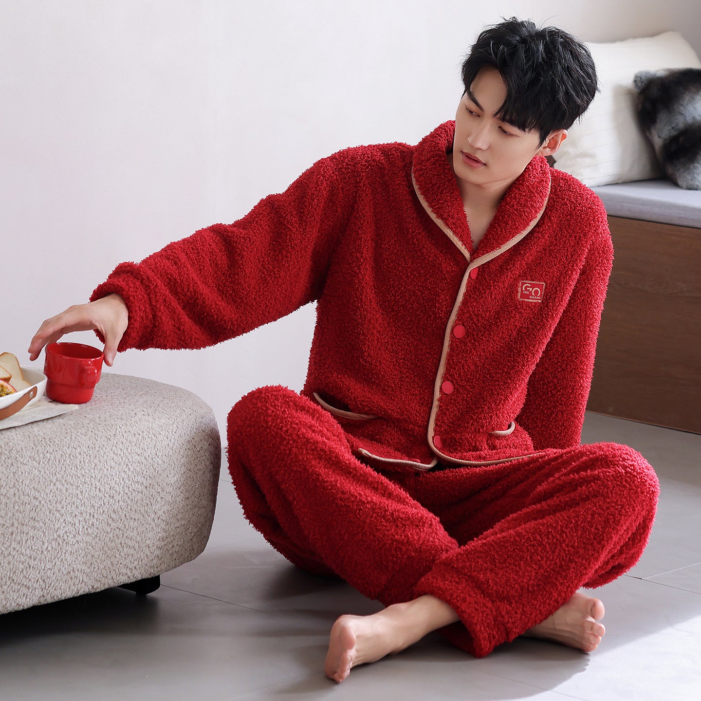 Men's Flannel Thick Warm Long Sleeves Fleece Pajama Set