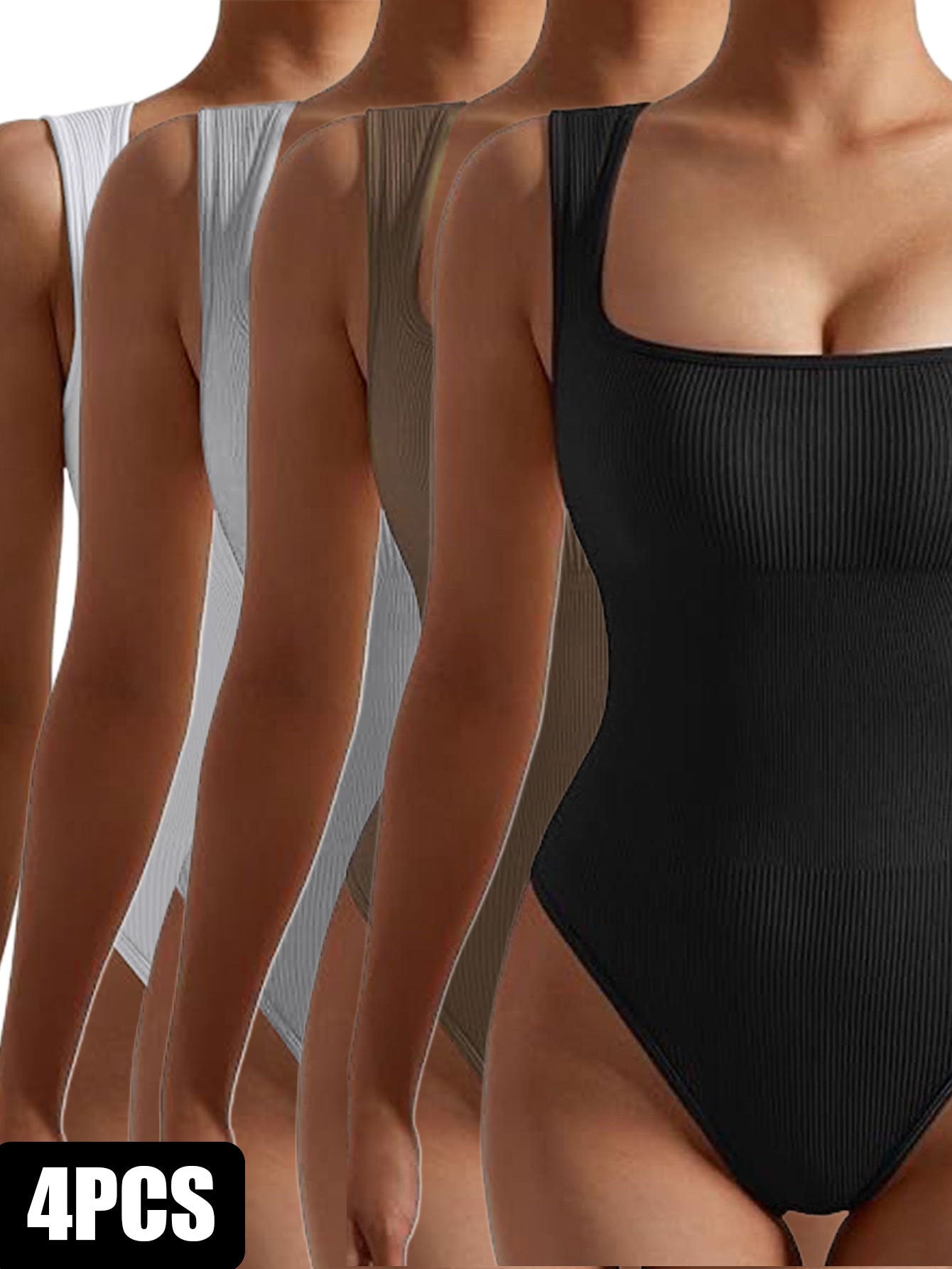 4 Pack Women body suit One Piece Bodycon Unitards Tummy Control Bodysuit Square neck