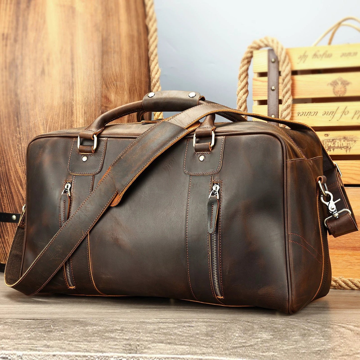 Men's Retro Short-distance Travel Bag Genuine Leather by GJG Denim