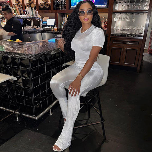 Cross-border European And American Foreign Trade 2024 Fall Women's Clothing New Slim Fit Figure Flattering Short Sleeve Top High Waist Casual Trousers Suit