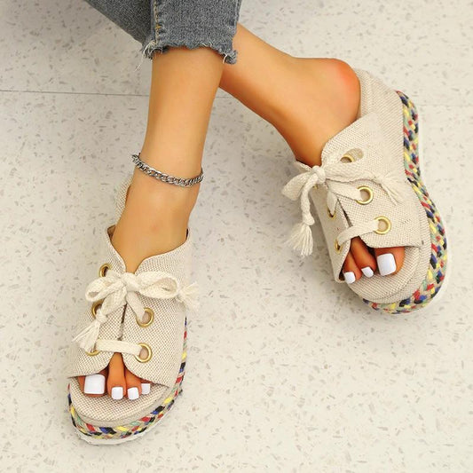 Women's Straw Woven Wedge Color-block Lace-up Slippers by GJG Denim