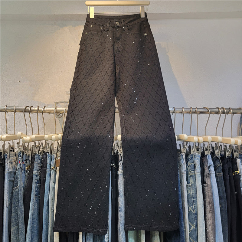 Heavy Industry Hot Rhinestone Lattice Diamond High Waist Loose Wide Leg Pants